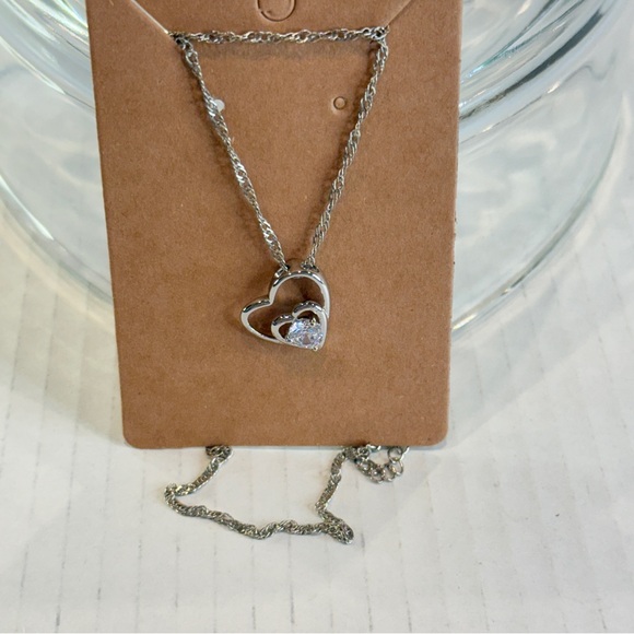 NEW Silver-Tone Double Heart Pendant Necklace – Sparkling CZ Accent - Picture 4 of 15